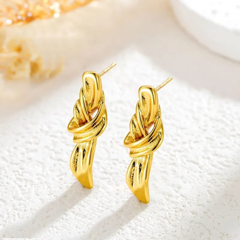 Gold Ribbon Knotted Drop Earrings-Lydieannejewelry