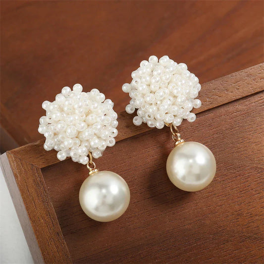 Gold Pearl Beaded Dangle Earrings-Lydieannejewelry