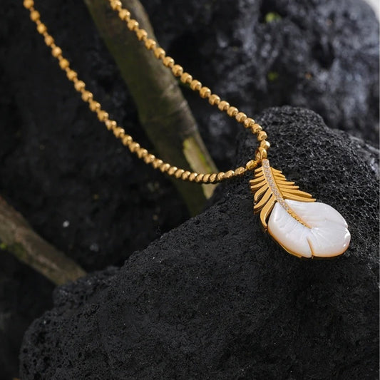 Vintage Gold Leafy Shell Drop Necklace-Lydieannejewelry