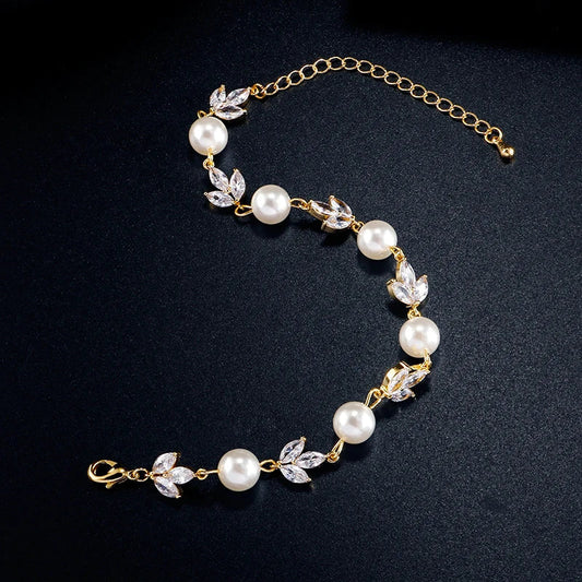 Vintage Pearl & Leaf Gold Bracelet-Lydieannejewelry