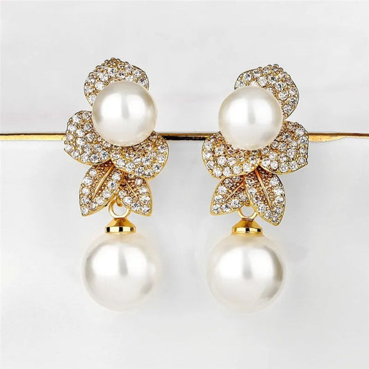 Vintage Pearl Flower Drop Earrings-Lydieannejewelry
