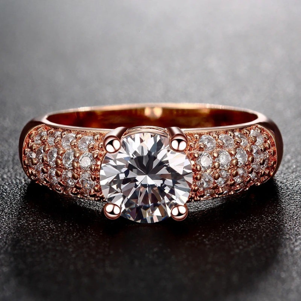 Rose Gold Round Cut Stone Pave Ring-Lydieannejewelry