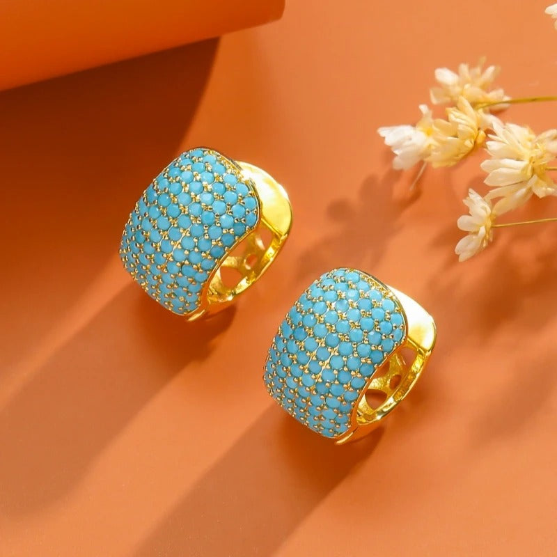 Vintage Blue Turquoise Gold Hoop Earrings-Lydieannejewelry