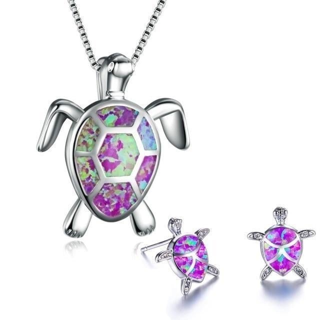 Sea Turtle Necklace + Earrings Set in Opal and Silver-Lydieannejewelry